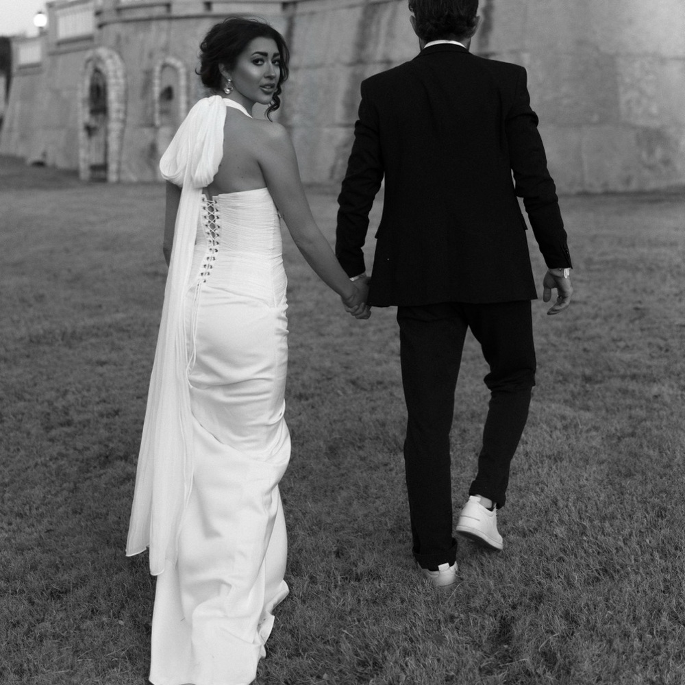 Miss Rosier Elegant White Halter Wedding Dress with Draped Train - Picture 5 of 9